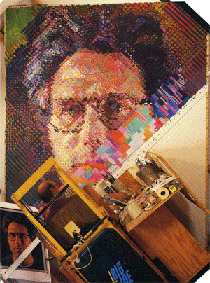 animated gif contrasting the painted portrait of Eric by Chuck Close, 1990 and the painting in progress
