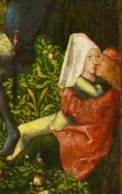 detail of the Archer's Feast by the Master of Frankfurt showing a couple sitting in the woods kissing