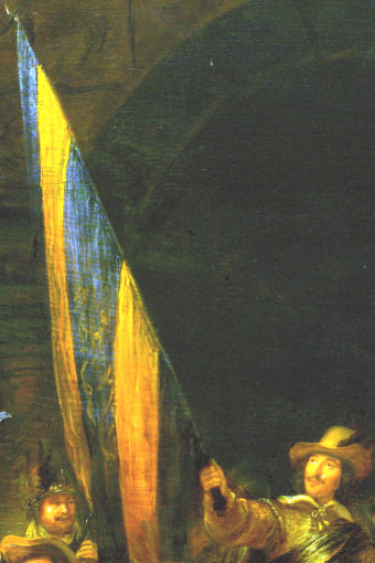 lightened detail of the flag in Rembrandt's Night Watch