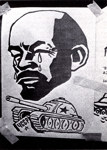 a Czech propaganda poster on a wall in Prague,  Czechoslovakia in 1968 showing a Soviet tank driving over a marker labeled 4CCP/ЧССР/CSSR/Czechoslovak Socialist Republic and a disembodied, jug-eared crybabyLenin cries his poor little eyes out with giant tears streaming down his face.