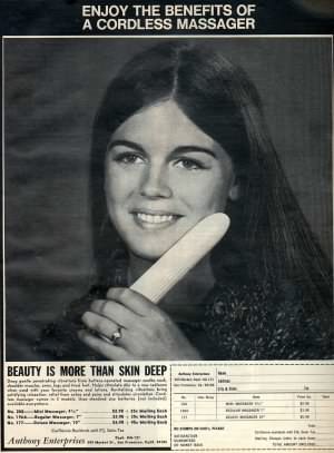 scan of 1971 magazine ad for a cordless massager- but she doesn't look like she has figured out the varied ways it could be used